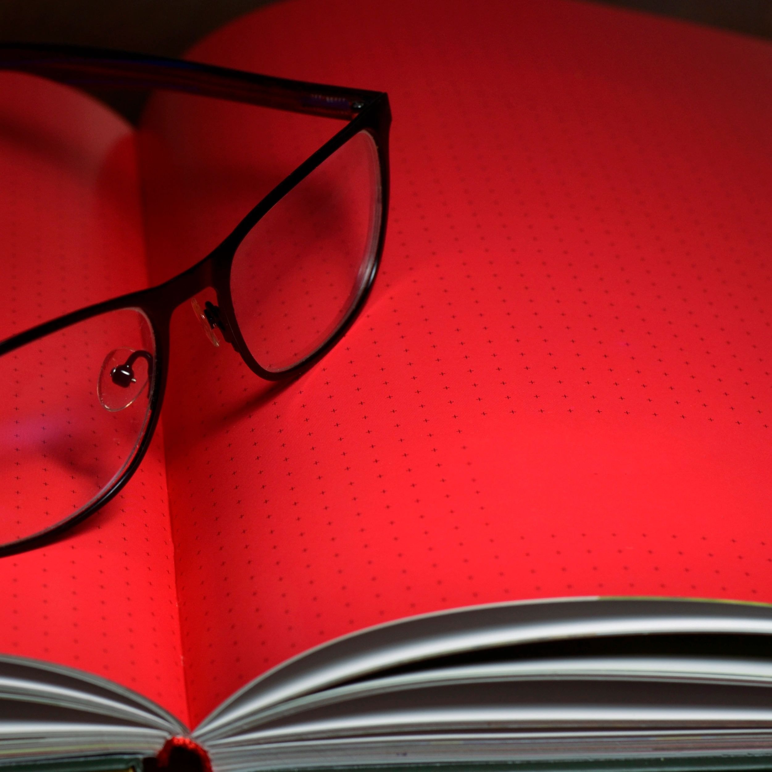 Black eyeglasses resting on a red law book